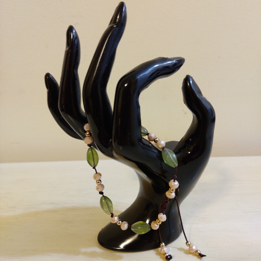 Artisan Green & Peach Glass Beads Adjustable Bracelet 7
